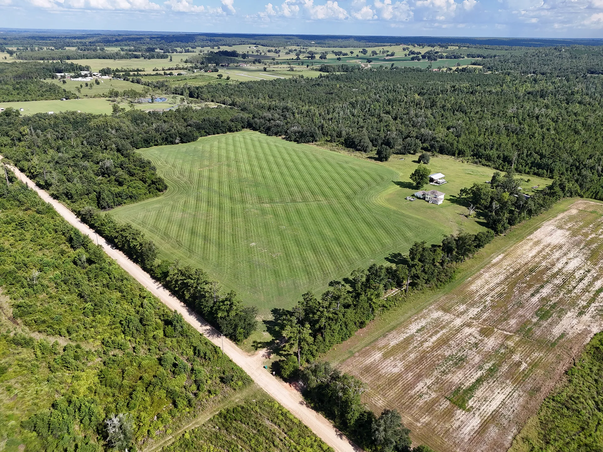 Drone view of rural acreage and surrounding trees